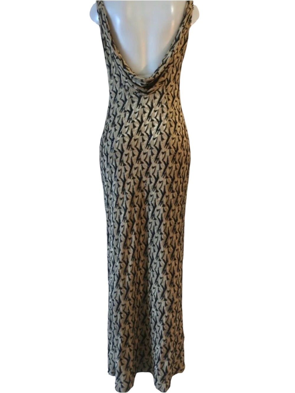 Carmen Marc Valvo Signature Beaded Cowl Neck Gown Taupe Tan Black Size 10 - Picture 2 of 10